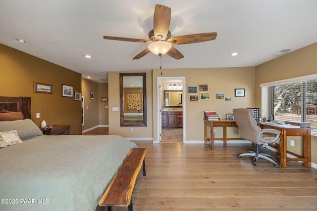 bedroom with visible vents, recessed lighting, baseboards, and light wood-style floors