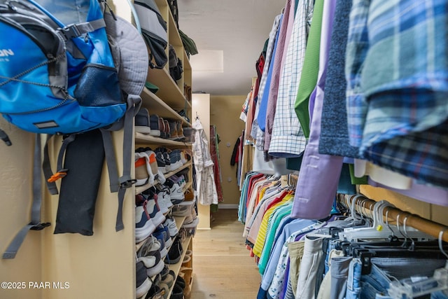 walk in closet with attic access and wood finished floors