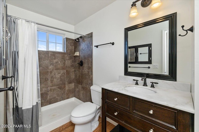 bathroom with vanity, toilet, and a shower with shower curtain