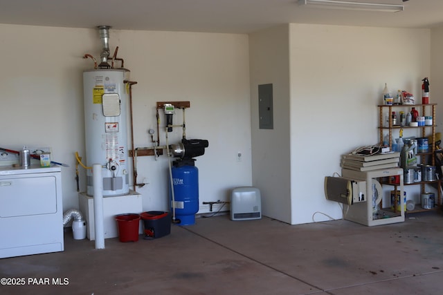 1155 W Half Moon Ct, Ash Fork, AZ 86320 - garage with water heater, washer / clothes dryer, and electric panel