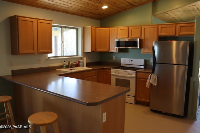 1155 W Half Moon Ct, Ash Fork, AZ 86320 - kitchen with appliances with stainless steel finishes, wood ceiling, a peninsula, a sink, and dark countertops