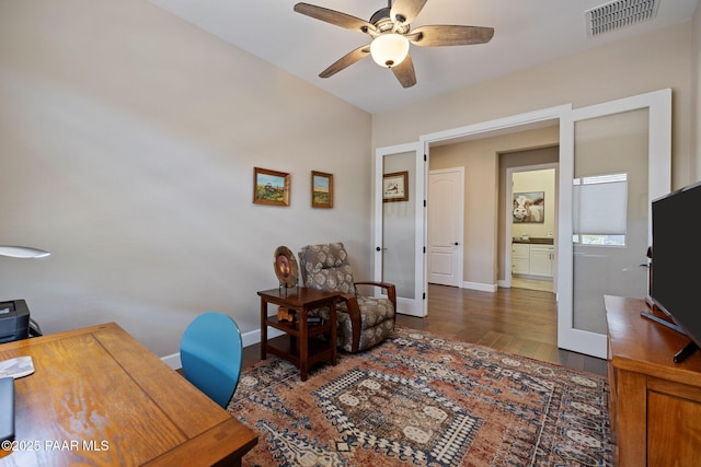5313 Autumn Leaf Ln, Prescott, AZ 86301 - office space featuring ceiling fan, wood finished floors, baseboards, and french doors