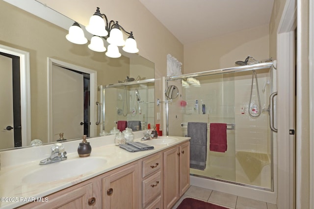 2091 E Oxford, Prescott Valley, AZ 86314 - bathroom featuring tile patterned flooring, a chandelier, double vanity, and a stall shower