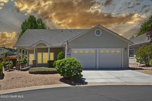 2091 E Oxford, Prescott Valley, AZ 86314 - ranch-style house with a garage, driveway, covered porch, and roof with shingles
