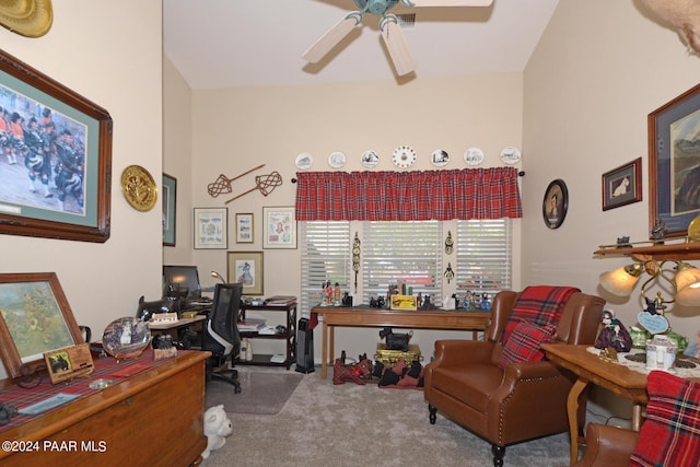 home office with carpet flooring and ceiling fan