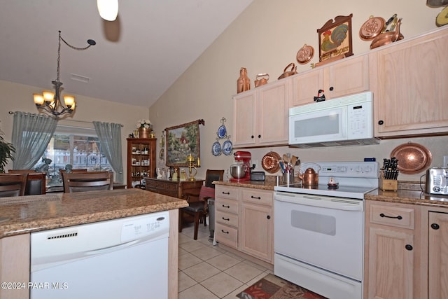 kitchen featuring pendant lighting, light brown cabinets, lofted ceiling, white appliances, and an inviting chandelier