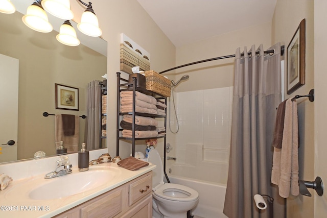 full bathroom with vanity, shower / bathtub combination with curtain, a notable chandelier, and toilet