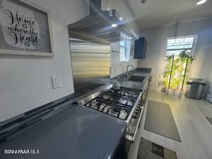 kitchen featuring exhaust hood, hardwood / wood-style flooring, stainless steel gas cooktop, and sink