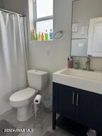 bathroom featuring vanity, toilet, and walk in shower