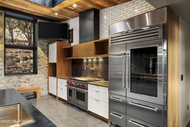 51 Rill Rd, Prescott, AZ 86305 - kitchen with premium appliances, open shelves, wooden ceiling, decorative backsplash, and white cabinetry