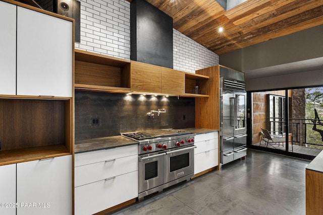 51 Rill Rd, Prescott, AZ 86305 - kitchen with premium appliances, open shelves, tasteful backsplash, wood ceiling, and modern cabinets