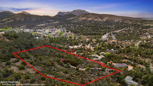 51 Rill Rd, Prescott, AZ 86305 - aerial view at dusk of property parcel outlined and a mountain view