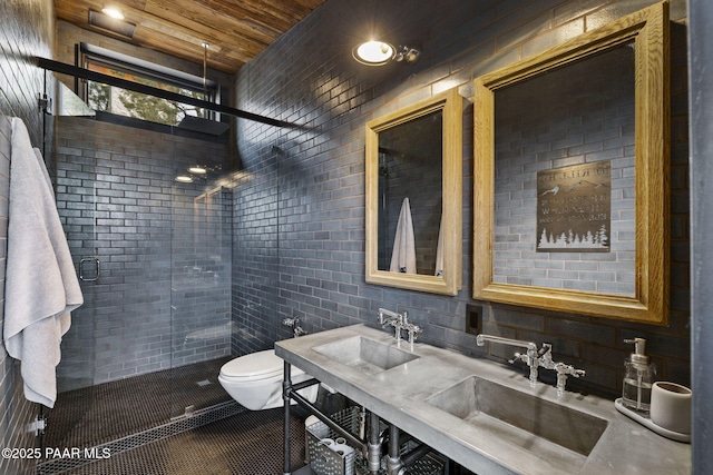 51 Rill Rd, Prescott, AZ 86305 - full bathroom featuring a shower stall, wood ceiling, toilet, double vanity, and tile walls