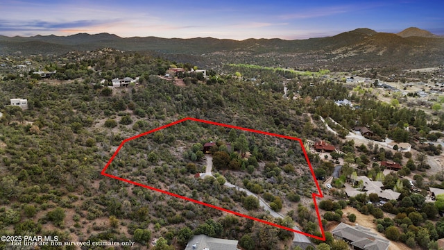 51 Rill Rd, Prescott, AZ 86305 - aerial view at dusk of property parcel outlined and a mountain view
