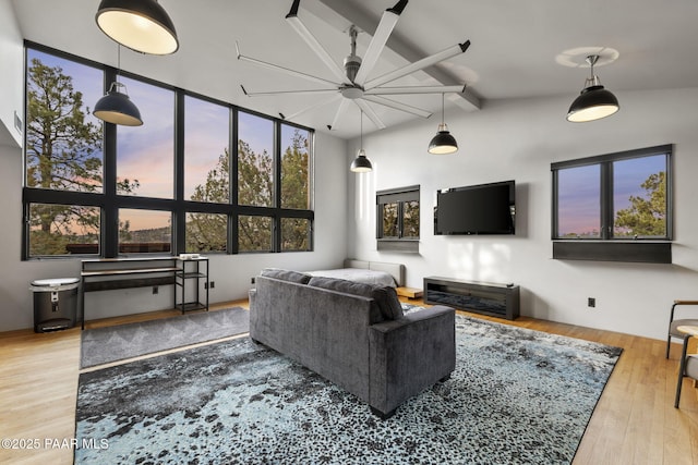 51 Rill Rd, Prescott, AZ 86305 - living room with ceiling fan, beamed ceiling, and wood finished floors