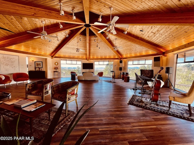 28555 N Feather Mountain Rd, Paulden, AZ 86334 - living room with wood ceiling, ceiling fan, and wood finished floors
