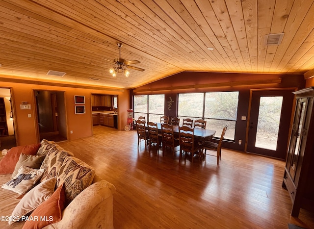 28555 N Feather Mountain Rd, Paulden, AZ 86334 - dining area with wood ceiling, vaulted ceiling, ceiling fan, and light wood-type flooring