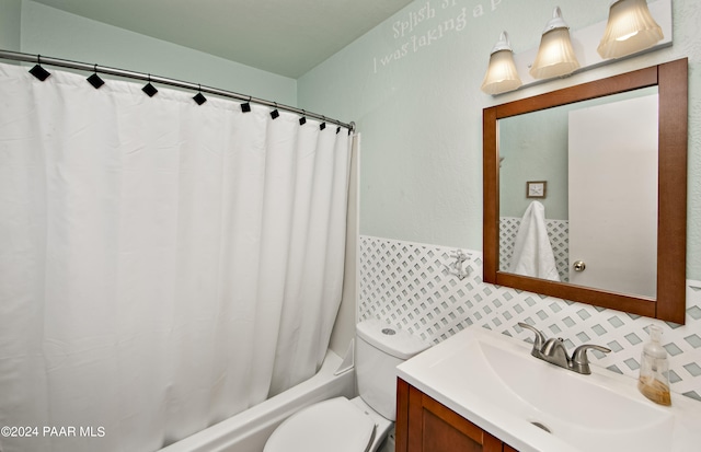 full bathroom with vanity, toilet, shower / bathtub combination with curtain, and backsplash