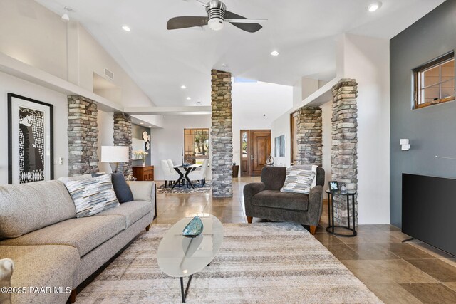 13175 N Bull Run Rd, Prescott, AZ 86305 - living area featuring ornate columns, ceiling fan, high vaulted ceiling, and recessed lighting