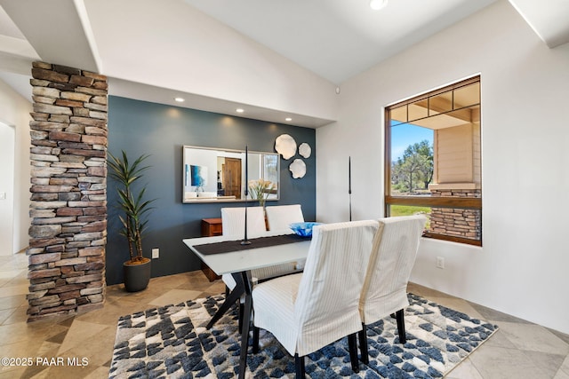 13175 N Bull Run Rd, Prescott, AZ 86305 - dining space featuring vaulted ceiling, tile patterned floors, and recessed lighting