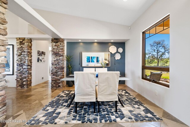 13175 N Bull Run Rd, Prescott, AZ 86305 - dining space featuring decorative columns, vaulted ceiling, and tile patterned floors