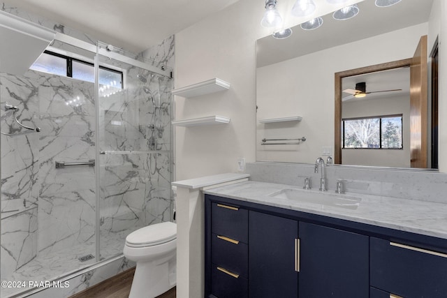 bathroom with a shower with door, vanity, a wealth of natural light, and toilet