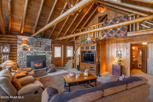 living room featuring wood ceiling, wood walls, high vaulted ceiling, rustic walls, and beam ceiling