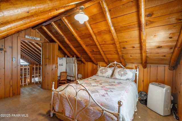 unfurnished bedroom with wood ceiling, light colored carpet, wood walls, and lofted ceiling with beams