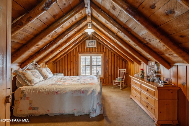 bedroom with wooden ceiling, light colored carpet, and lofted ceiling with beams