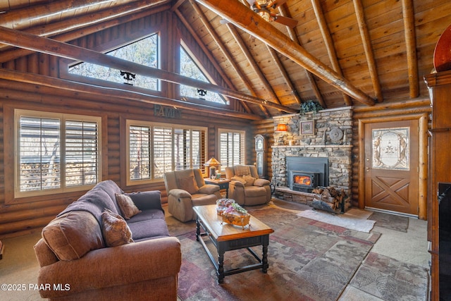 living room featuring wooden ceiling, a wood stove, log walls, high vaulted ceiling, and beamed ceiling