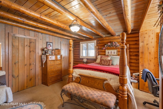 carpeted bedroom featuring wood ceiling, log walls, wood walls, and beamed ceiling