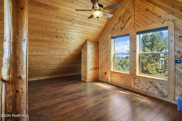 bonus room with dark wood-type flooring, vaulted ceiling, wood walls, ceiling fan, and wooden ceiling