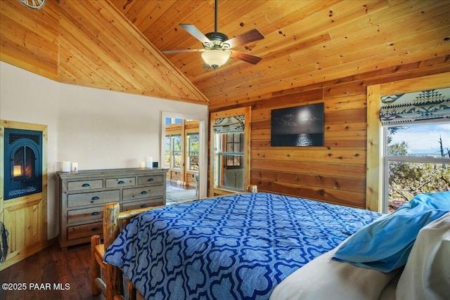 bedroom featuring wooden ceiling, wood walls, ceiling fan, high vaulted ceiling, and dark hardwood / wood-style floors