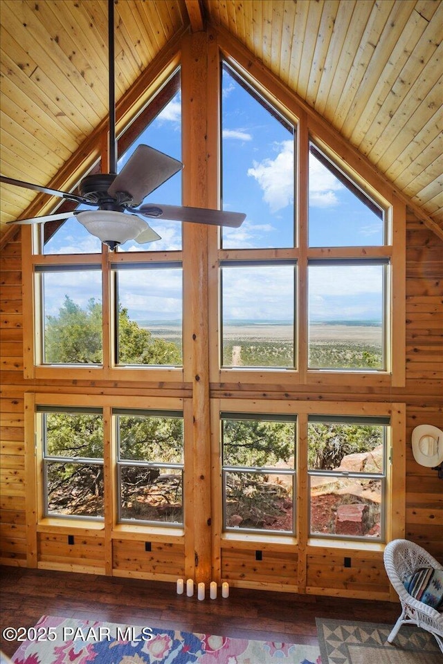 interior space with wooden walls, ceiling fan, and wooden ceiling