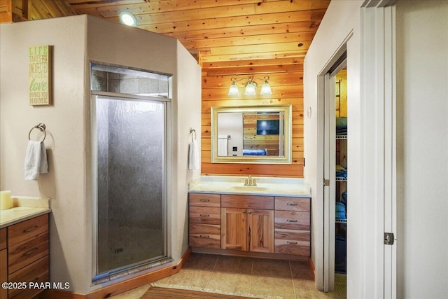 bathroom featuring wooden ceiling, wooden walls, vaulted ceiling, a shower with door, and vanity