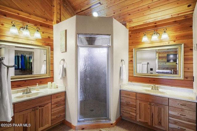 bathroom with wooden ceiling, wood walls, and a shower with shower door