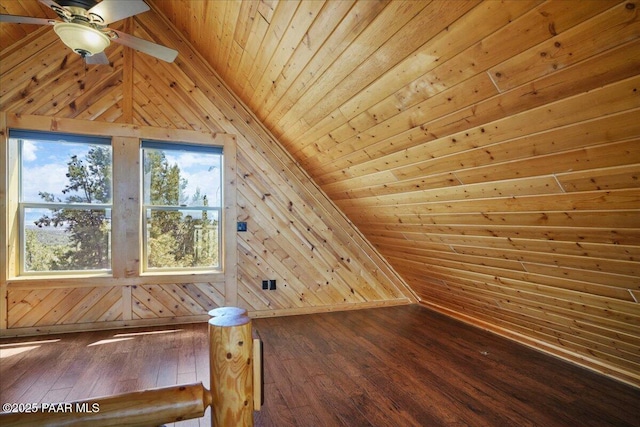 bonus room with hardwood / wood-style floors, wooden ceiling, vaulted ceiling with beams, ceiling fan, and wooden walls