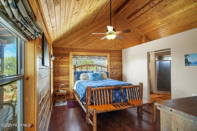 bedroom with ceiling fan, dark wood-type flooring, wooden walls, and lofted ceiling with beams