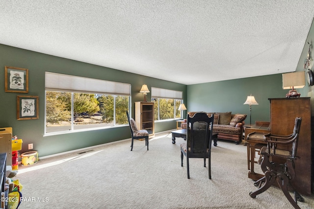 living room featuring light colored carpet and a textured ceiling