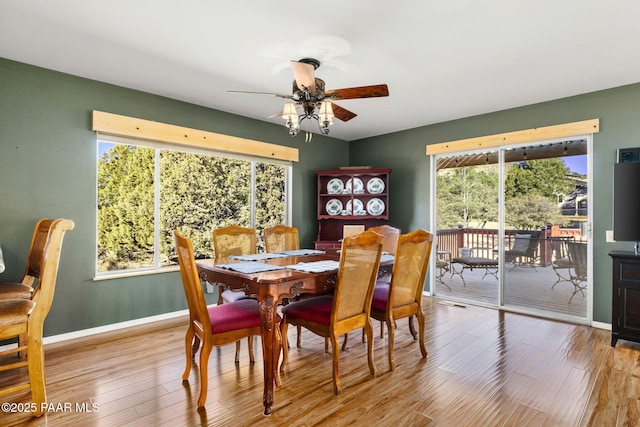 dining area with ceiling fan and light wood-type flooring