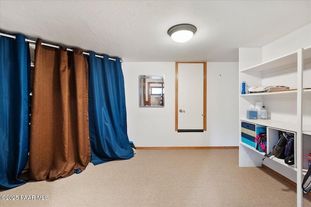 interior space with baseboards, carpet floors, and a textured ceiling