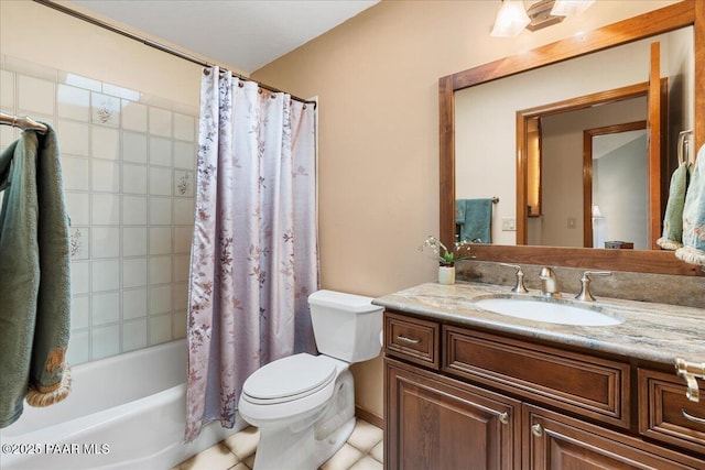 full bath with vanity, toilet, shower / bath combo, and tile patterned flooring