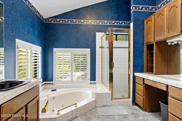 110 High Chaparral Loop, Prescott, AZ 86303 - full bathroom with a stall shower, a jetted tub, and lofted ceiling