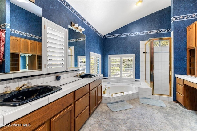 110 High Chaparral Loop, Prescott, AZ 86303 - bathroom with vaulted ceiling, a bath, double vanity, and a shower stall