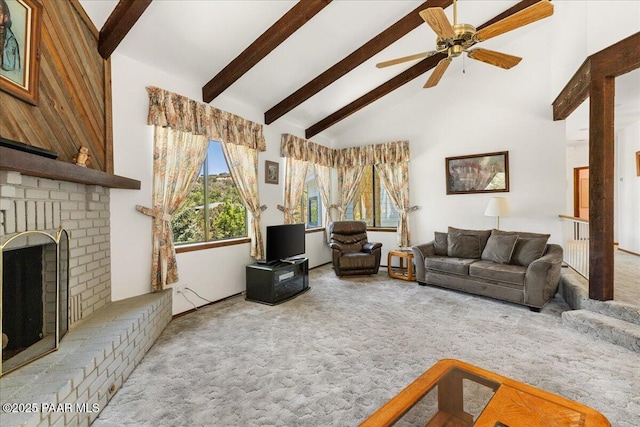 110 High Chaparral Loop, Prescott, AZ 86303 - living room with carpet floors, high vaulted ceiling, beam ceiling, a ceiling fan, and a fireplace