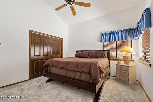 110 High Chaparral Loop, Prescott, AZ 86303 - bedroom featuring high vaulted ceiling, light carpet, baseboards, and ceiling fan