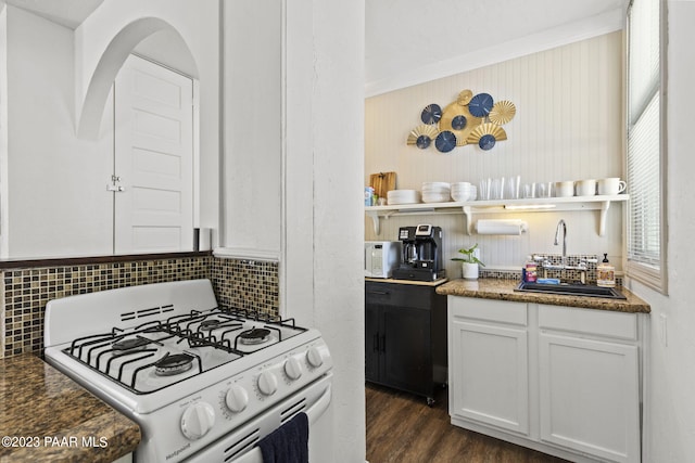 kitchen with decorative backsplash, white gas range oven, ornamental molding, sink, and white cabinets