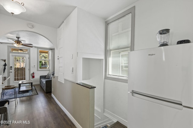 kitchen with wood finished floors, baseboards, arched walkways, freestanding refrigerator, and ceiling fan