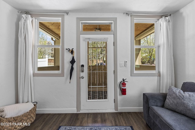 entrance foyer featuring baseboards, dark wood-style flooring, and a textured wall