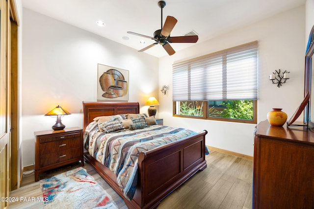 bedroom with a closet, ceiling fan, and hardwood / wood-style floors